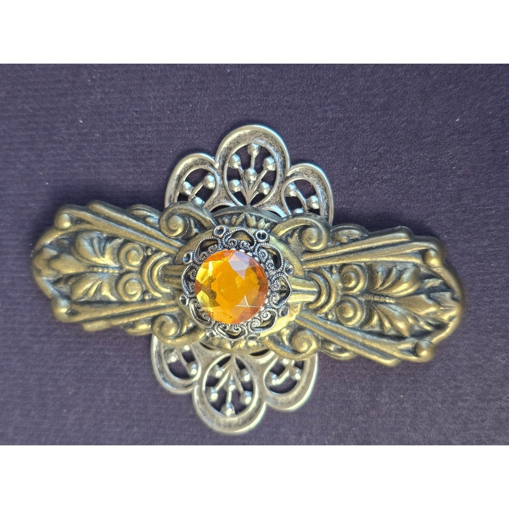Ann Cichon Dallas Vintage Mixed Metal Filigree Amber Gemstone Statement Brooch